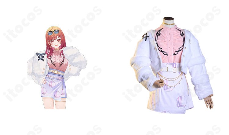 ホロライブ一条莉々華の初期衣装コスプレとキャラクターが並ぶ商品正面画像。配色と装飾を高精度に再現。