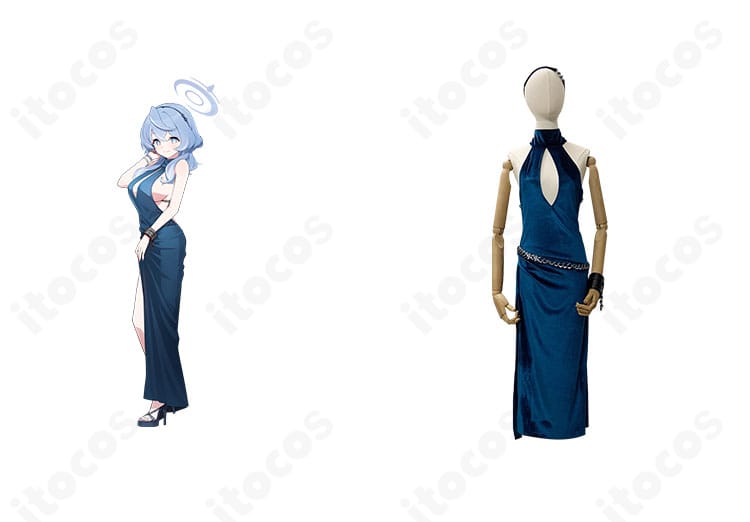 ブルーアーカイブ 天雨アコのドレス衣装をキャラクターイメージと並置した正面全体。腰飾り・髪飾りまで高忠実度で再現。
