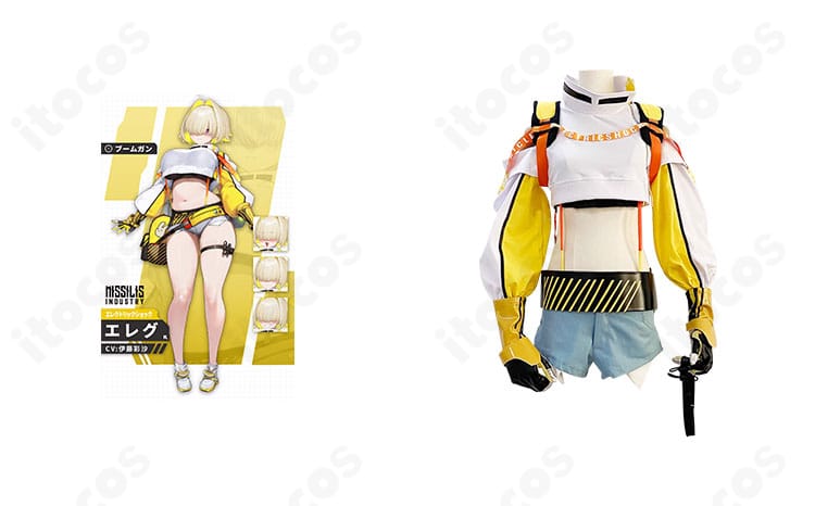 勝利の女神：NIKKE エレグのコスプレ衣装を着用した正面全身。配色と装飾を高精度に再現した近未来ミリタリーデザイン。