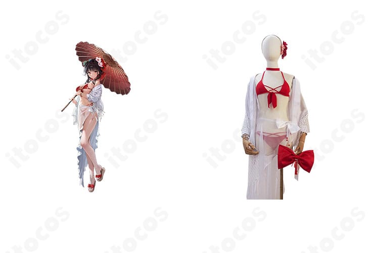 勝利の女神：NIKKE サクラ「ブルーム・イン・サマー」水着コスの正面全体。配色とラインを忠実再現した高再現デザインが分かる画像。