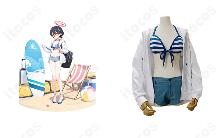 ブルーアーカイブ 奥空アヤネの水着コスプレ衣装 正面全体。キャラクターの配色とシルエットを忠実に再現したデザイン。