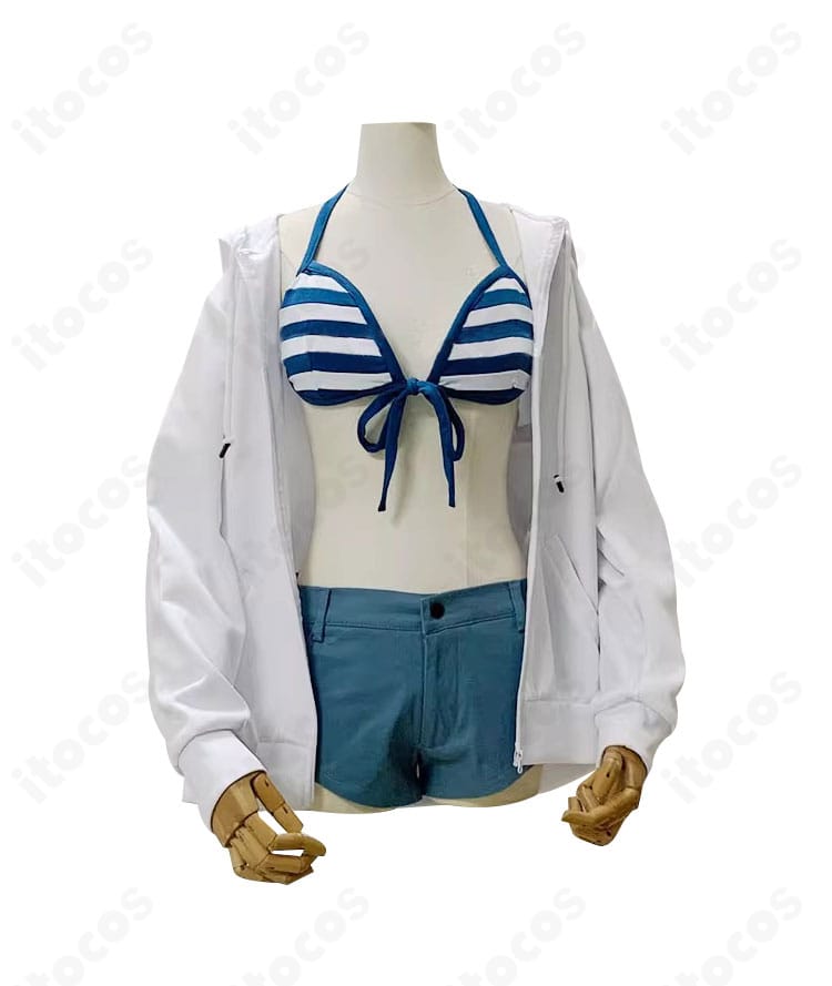 水着コスプレ衣装の正面ディテール。ライン取りと縫製の仕上がりが分かる高再現仕様。