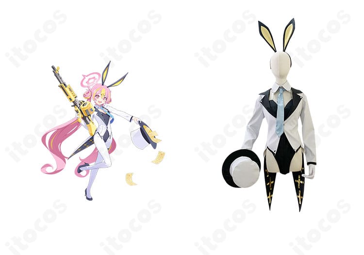 ITOCOS製 ブルーアーカイブ 黒崎コユキのバニーガール衣装・正面全身。高忠実度のシルエット再現で撮影映えする質感が分かるコスプレ写真。