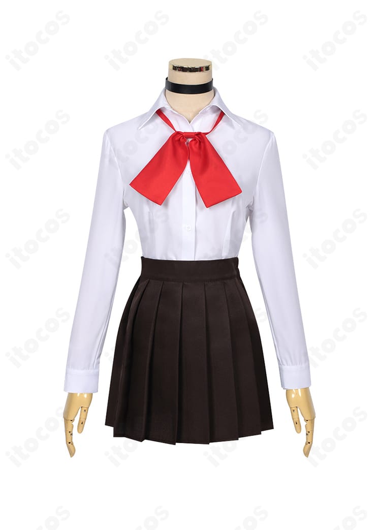 綾瀬桃 制服コスプレのシャツ襟とスカーフ結び部分のディテール。端処理とステッチが見える接写