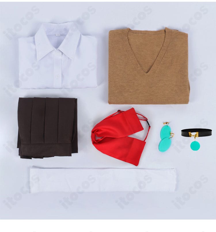 ダンダダン 綾瀬桃 制服コスプレのセット内容一覧。シャツ・セーター・スカート・スカーフ・耳飾り・チョーカー・靴下を並べた画像