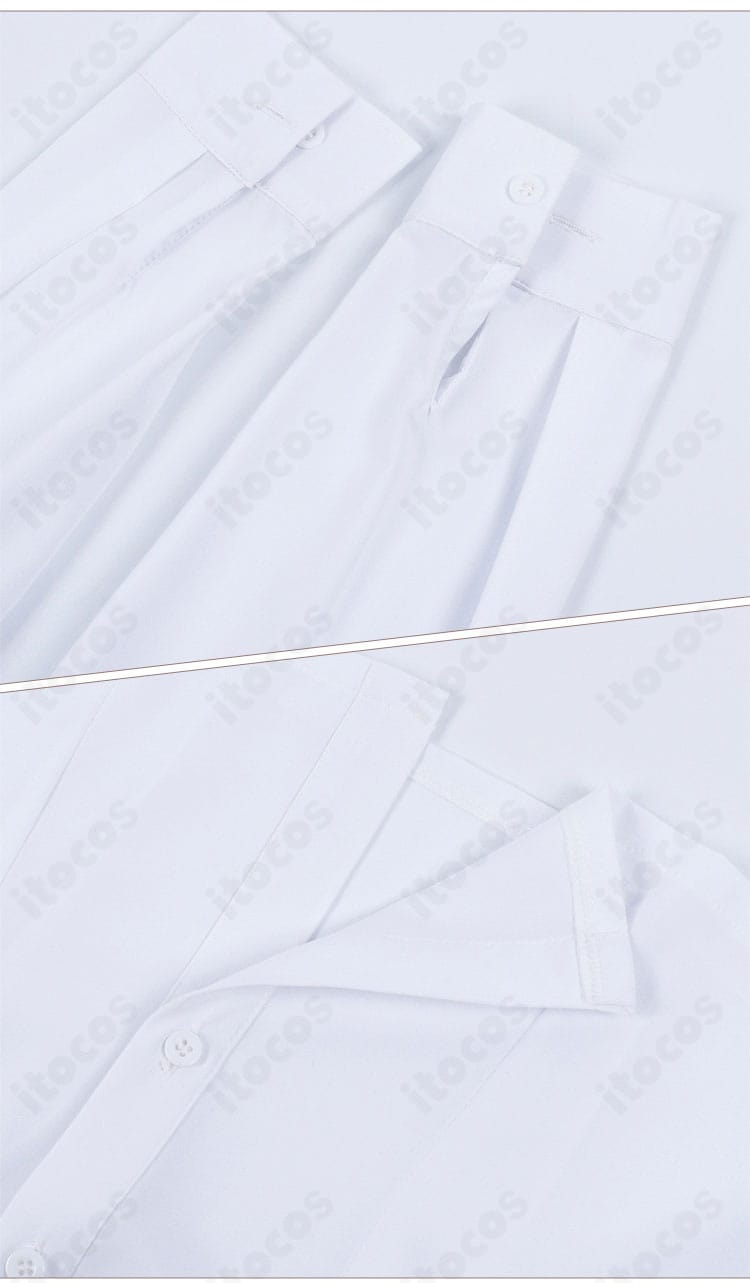 綾瀬桃 制服コスプレの襟・袖・ボタンの仕上げ。ボタン配置と縫製の丁寧さに焦点を当てた画像