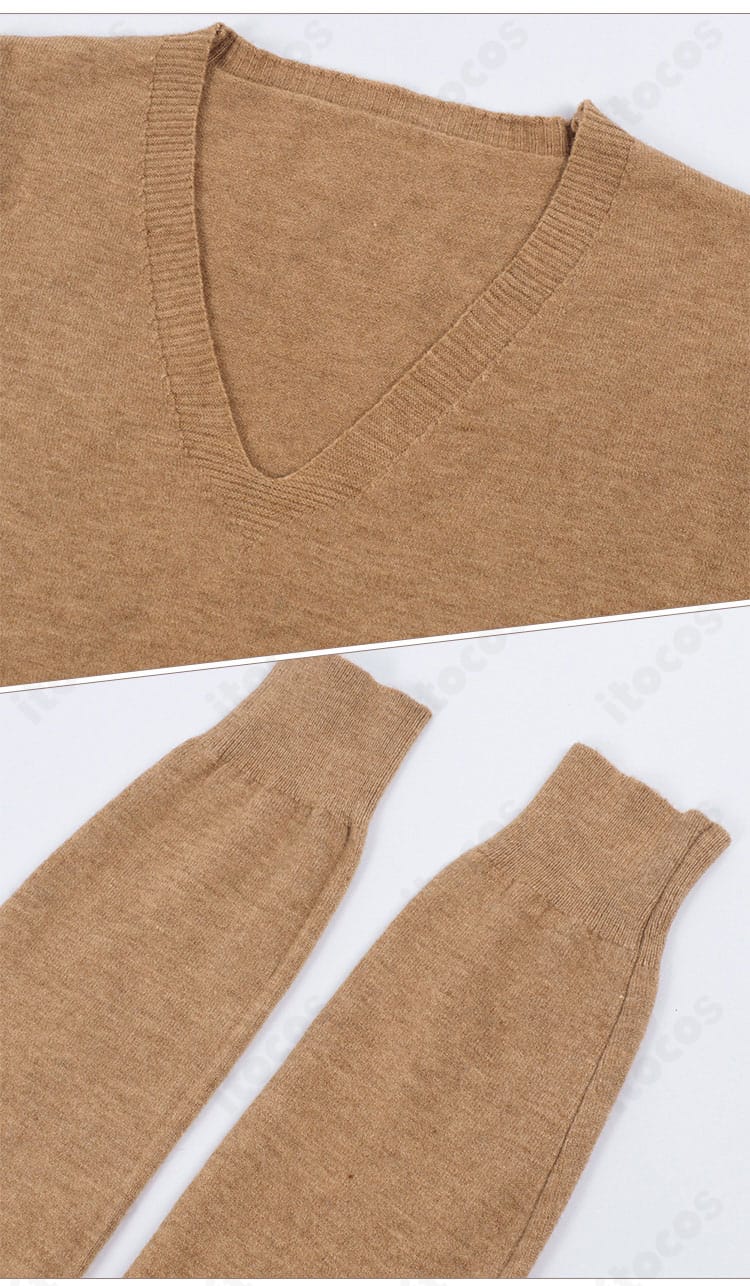 綾瀬桃 制服コスプレのセーター襟元と袖口リブの接写。編地の表情とレイヤード感を示す画像