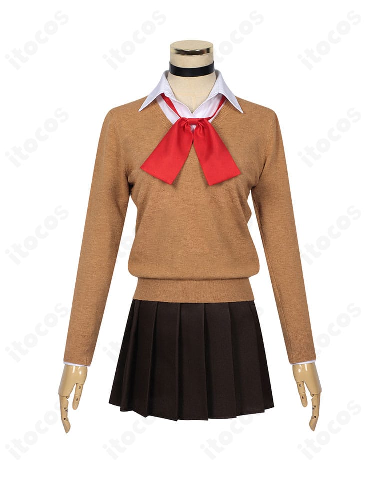 ダンダダン 綾瀬桃 制服コスプレの正面アップ。シャツ・セーター・スカートのバランスと質感を確認できる画像