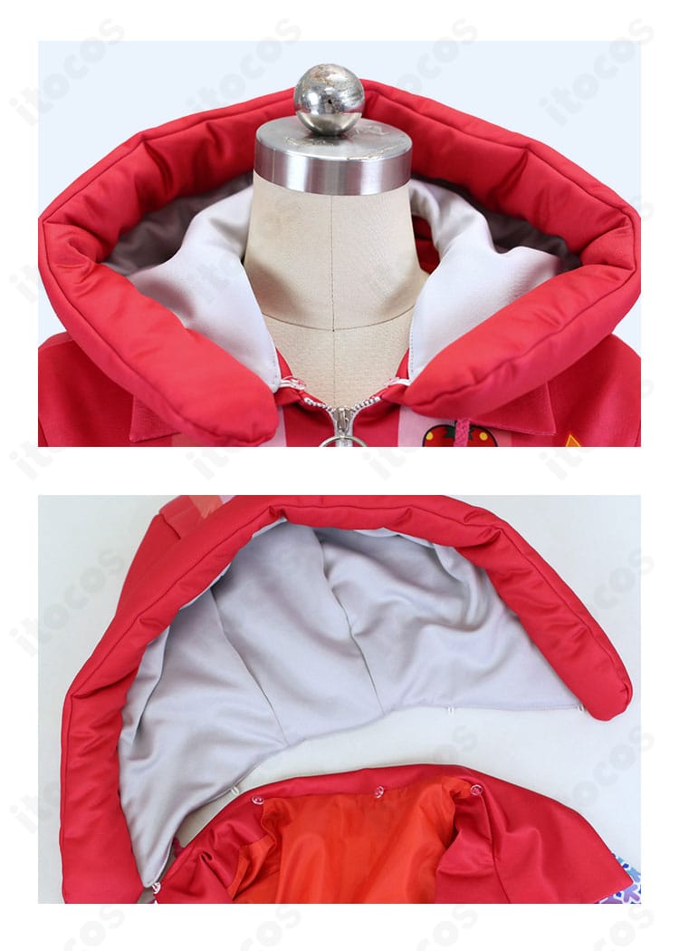 襟元とフードの装飾アップ。赤ずきんモチーフの意匠と縫製が見えるディテール写真