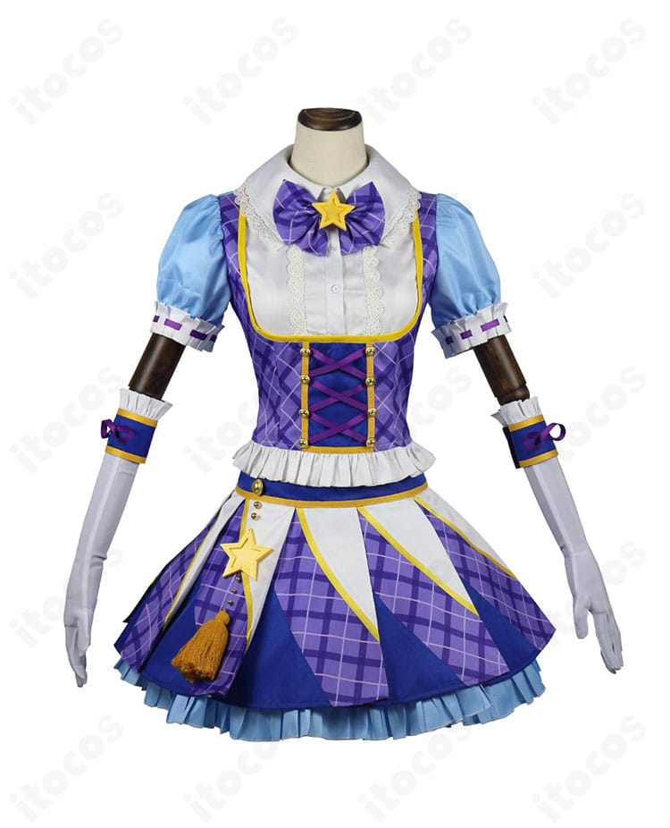 氷上スミレ ブルーパレードコーデの正面全体写真。鮮やかなブルーと襟元の装飾、ウエストラインの切替が見える。