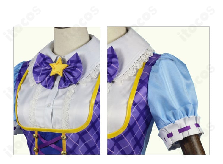 襟元の結び装飾と肩・袖口ディテールの接写。氷上スミレのブルーパレードコーデ特有の精緻な装飾を再現。