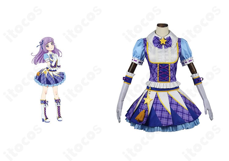 氷上スミレのブルーパレードコーデを再現したコスプレ衣装の正面全身とキャラクター比較。配色と装飾の一致が分かる構図。