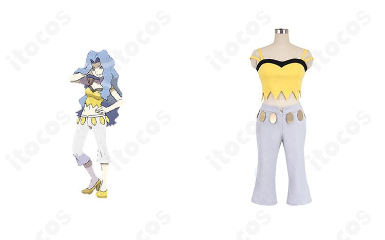 カリンのキャライメージと並んだ正面全身。HGSS版の配色と肩帯装飾を再現したコスプレ衣装。