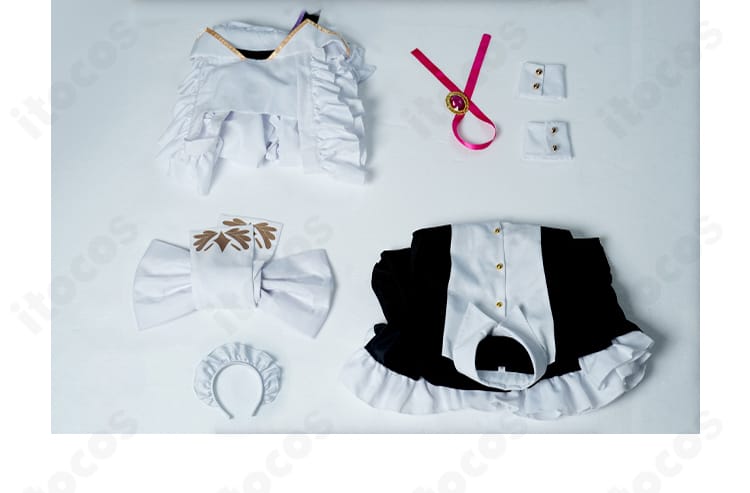 セット内容一覧：ワンピース、エプロン、リボン、手首飾り、髪飾り、背部蝶結びを並べた画像