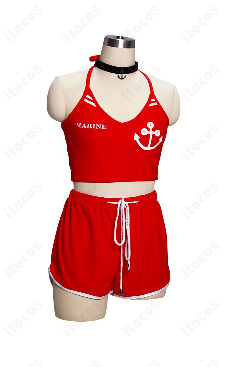 宝鐘マリン 3周年記念水着コスプレ衣装の側面図。ウエストラインとサイドのフィット感、装飾の重なりを示すディテール。