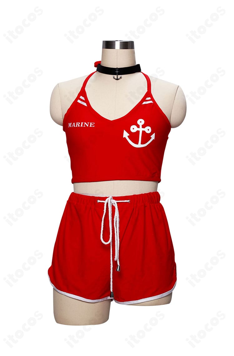 宝鐘マリン 3周年記念水着コスプレ衣装の正面全体像。トップスとショートパンツのバランス、フリル配置を確認できる参考画像。