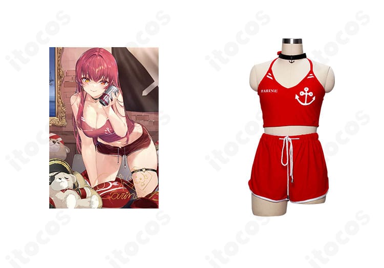 宝鐘マリン 3周年記念水着コスプレ衣装の正面とキャラクターイラストを並置した画像。全体の配色とシルエット、チョーカーの有無が分かる構成。