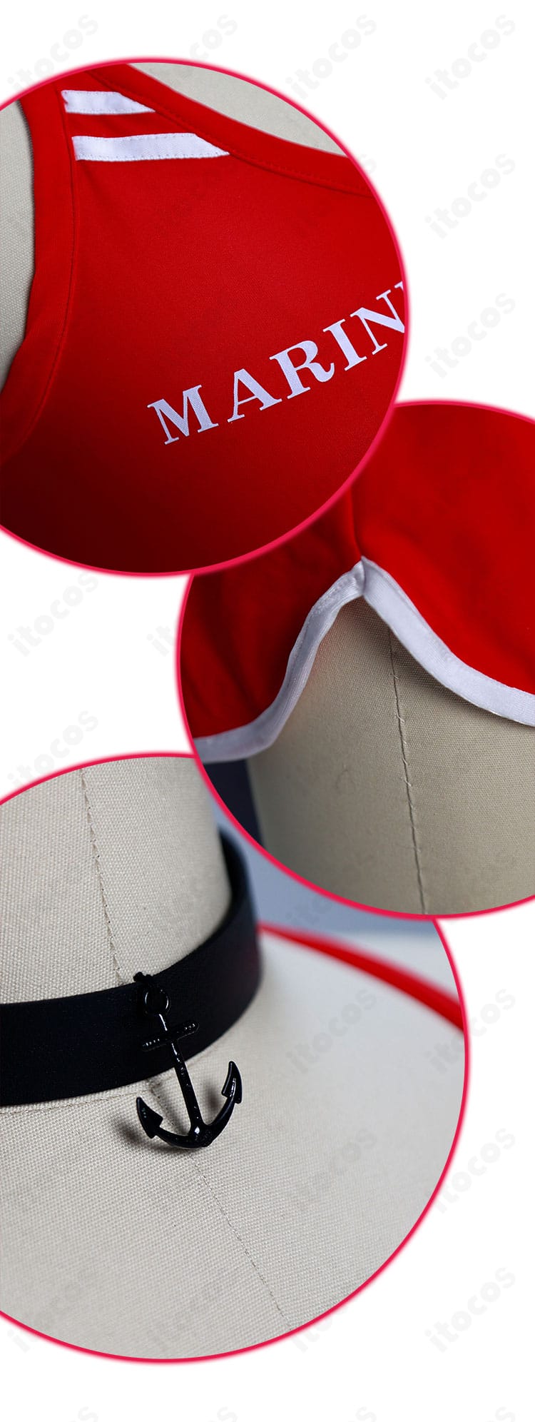 宝鐘マリン 3周年記念水着コスプレ衣装の装飾クローズアップ。フリルの縁取りとアクセントパーツの質感が分かる接写。