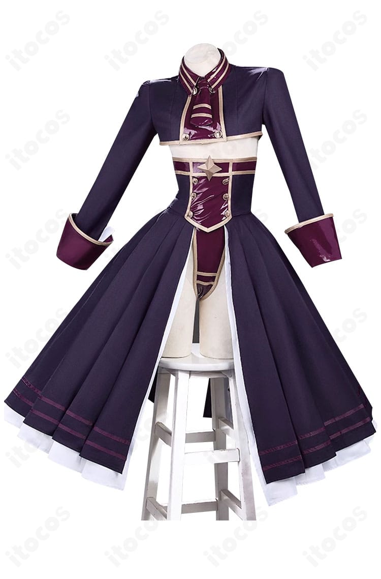 マジアベーゼ衣装の側面図。スカートの広がりとコルセットベルトの厚み、袖口装飾の立体感を確認できる画像