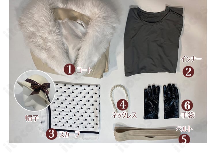 第五人格 レディ・ファウロ コスプレ衣装セット内容（帽子・コート・インナー・スカーフ・ネックレス・手袋・ベルト）