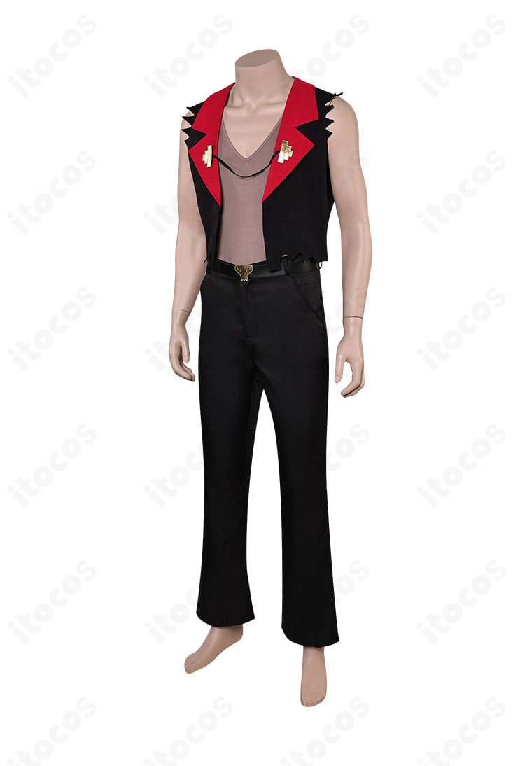 ヘルヴァ・ボス サタン コスプレ衣装の左側面。ベストのフィット感と腕周りの可動域を示す。