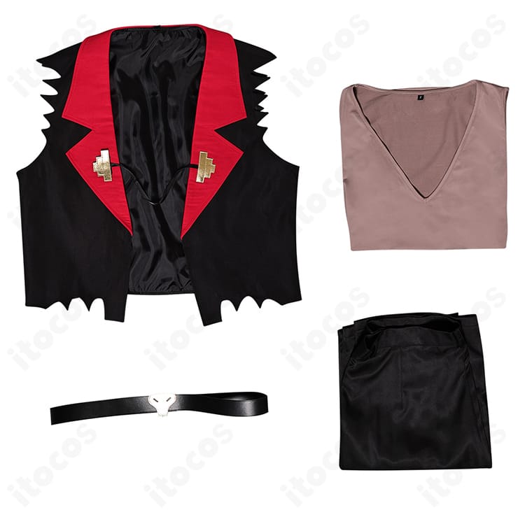 ヘルヴァ・ボス サタン コスプレ衣装のセット内容。ズボン・ベスト・タンクトップ・ベルトの4点を並べて紹介。