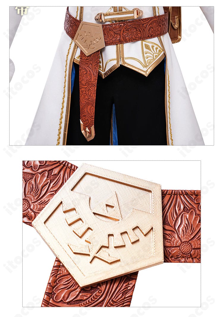 腰帯装飾のアップ。メタリック調パーツと刺繍風意匠で要所を引き締めたデザイン。