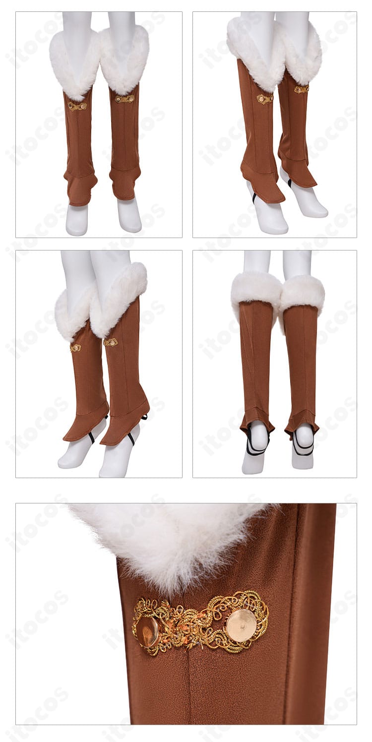 靴カバー装飾のアップ。衣装に合わせたカラーと装飾で足元まで統一感を実現。