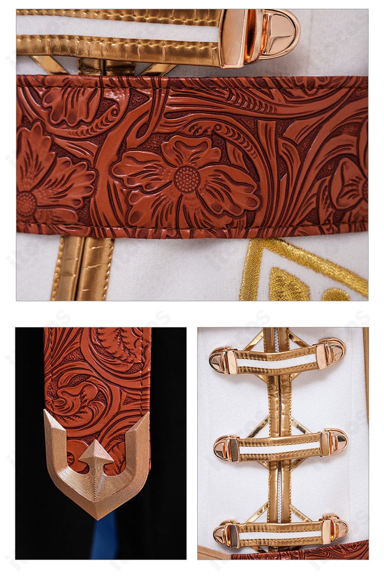 ウエスト飾りと門襟周辺の細部。重ね合わせの構成と装飾の配置で王族らしい印象を強化。