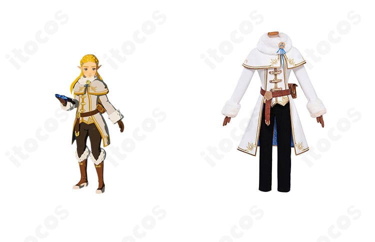 ゼルダ姫の冬服コスプレ衣装とキャラクター合成イメージ。配色と装飾紋様まで再現した高完成度のセット全景。