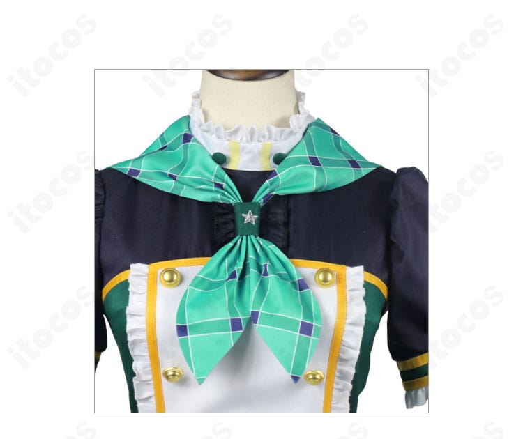 藤堂ユリカ 衣装の領巾・スカーフ装飾のクローズアップ。質感と縫製、エッジの仕上げが分かる。