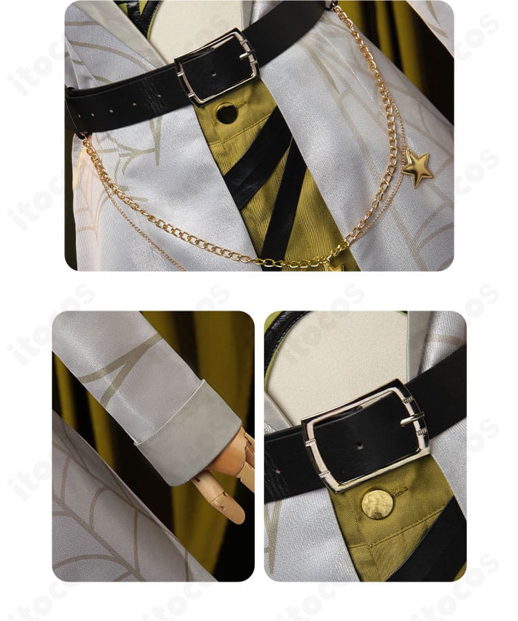 ベルトと袖口装飾の接写。ステッチや金具の質感、配色の再現性を示す。