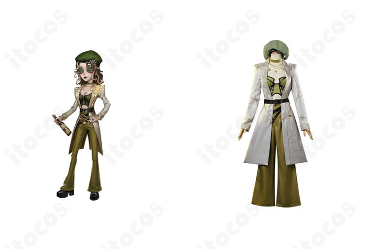 商品正面とデミ・バーボン（バーメイド）を並置した画像。校閲者バージョンのコートシルエットと小物構成が分かる正面カット。