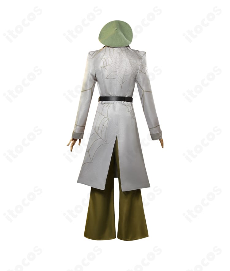 背面全身画像。コートの後ろ開閉仕様と裾ライン、ベルト位置が確認できるバーメイド衣装。