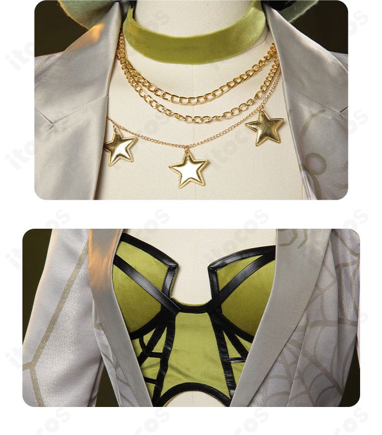 ネックレスとチョーカーの接写。襟元のレイヤード感と金具の仕上げが分かるアクセサリー詳細。