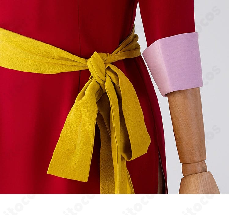 神楽コスプレ衣装の腰帯ディテール。帯の結びとフィット感、ウエストラインの整いが分かる画像。