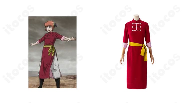 商品正面と銀魂の神楽を並置したイメージ。赤いチャイナドレスとズボン、帯の全体感が分かるコスプレ衣装の正面ビュー。