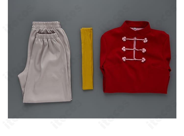 セット内容を俯瞰で展示。チャイナドレス・ズボン・帯の3点が一目で分かる銀魂 神楽コスプレ衣装の構成画像。