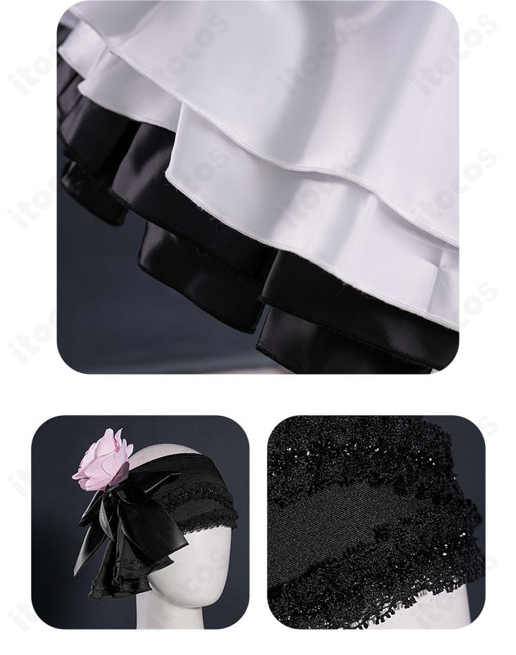暁山瑞希 苦痛の綻花コスプレ衣装のヘッドドレスとスカート装飾。上下の統一感とゴシックテイストを示す近接写真。