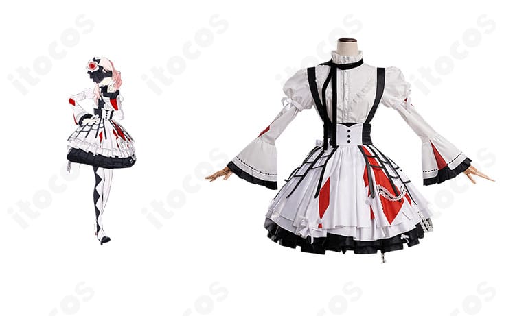 暁山瑞希「失われてしまったもの 苦痛の綻花」衣装と公式ビジュアル風の合わせカット。全体シルエットと世界観の再現度が分かる正面構図。