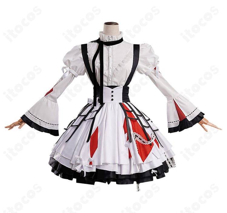 暁山瑞希 苦痛の綻花コスプレ衣装の正面全体写真。トップスとスカートのライン、ゴシック装飾の配置を明瞭に確認できる。
