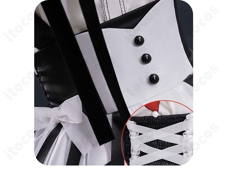 暁山瑞希 苦痛の綻花コスプレ衣装の腰部装飾ディテール。ウエスト周りのアクセントと配色設計を確認できる。