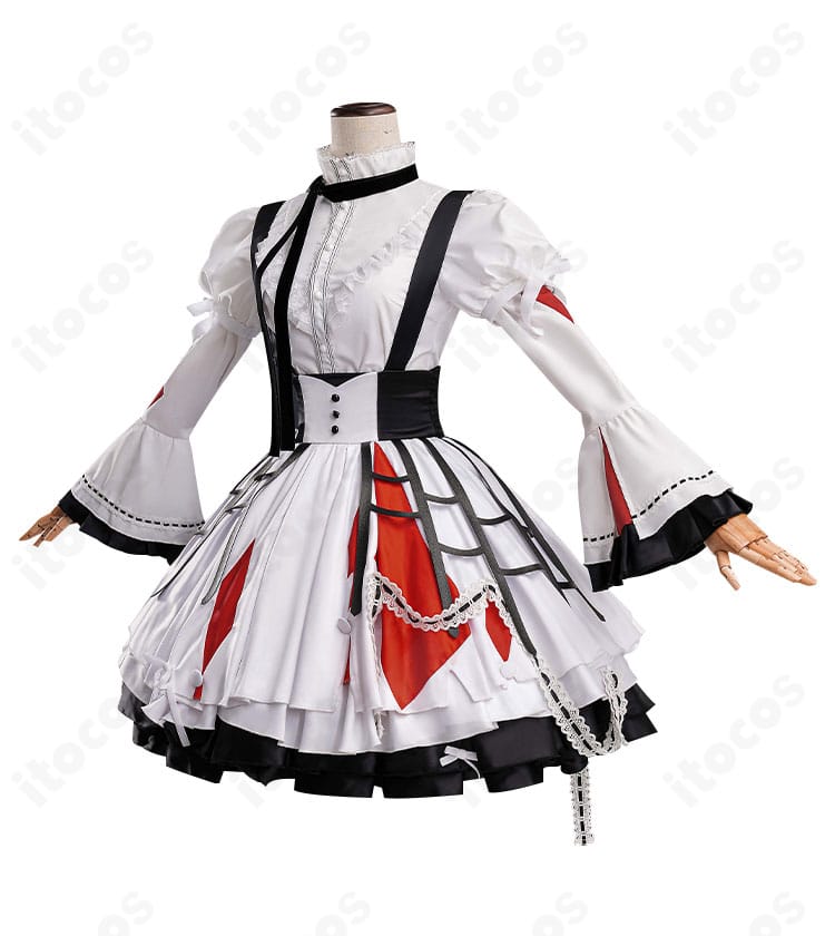 暁山瑞希 苦痛の綻花コスプレ衣装の左側面。肩から裾にかけてのラインと装飾の連続性が分かる角度。