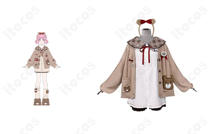 草薙寧々 カフェモカ・ベア ルームウェアの商品正面とキャラクターを並置した画像。全体の配色とシルエット、ベアモチーフの世界観を確認できます。