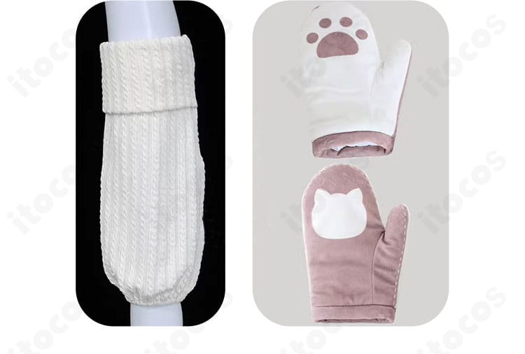 レッグカバーと手袋のディテール。ステッチと装飾ラインの再現度を示すクローズアップ