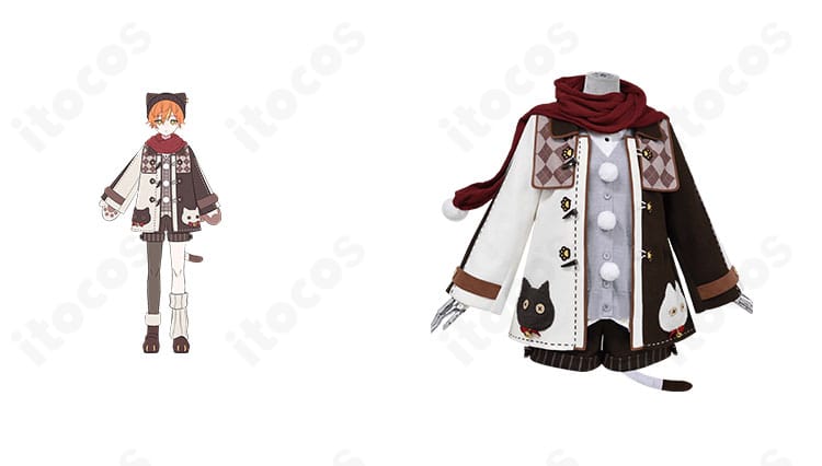 初音ミク Warming Cat冬服の商品正面とキャラクター比較。刺繍マフラーとコート装飾まで再現したフルセット衣装