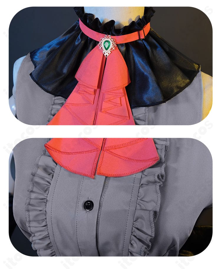 蒼森ミネ アイドル衣装のつけ襟と胸元装飾のアップ。刺繍と装飾パーツの質感・配色を捉えた接写。