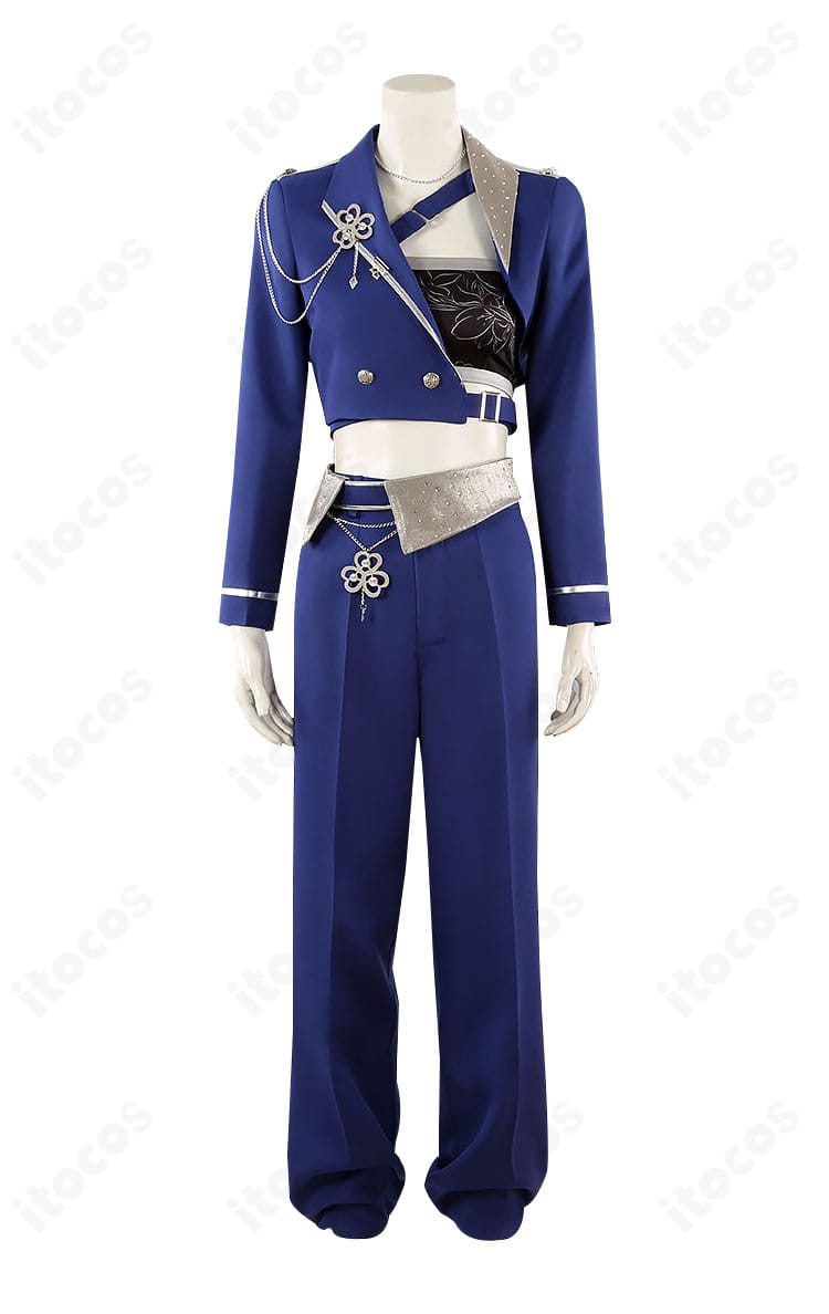 桃井愛莉 特訓後コスプレ衣装の正面図。コートと胸飾り、チューブトップの配置が分かる構図。