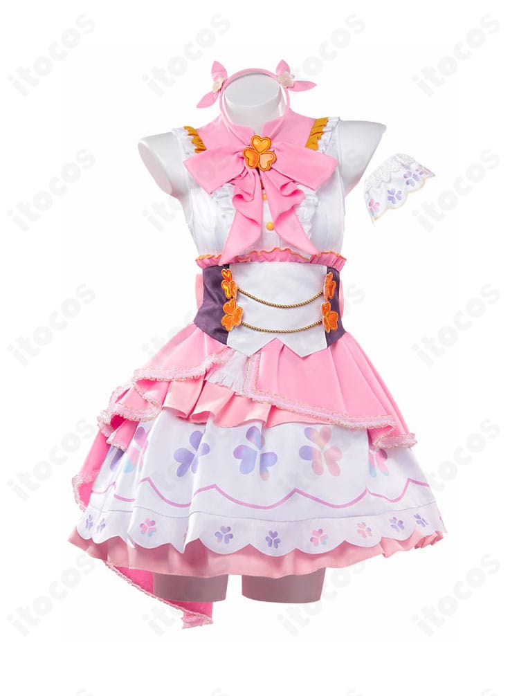 桃井愛莉コスプレ衣装の正面アップ。襟元とコルセットベルト、スカーフの配置がわかるディテール。