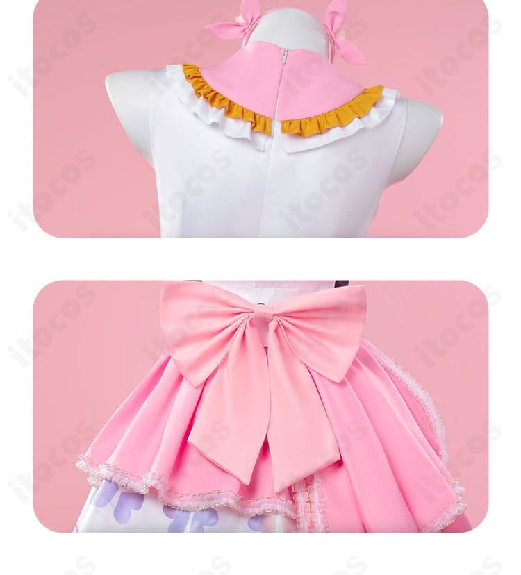 衣装背面の装飾クローズアップ。リボンと背面開きの位置関係、ギャザーの入り方。